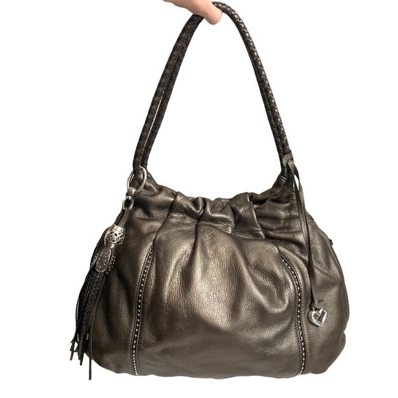 Brighton silver leather shoulder hobo bag metallic beautiful with tassel - Picture 1 of 10